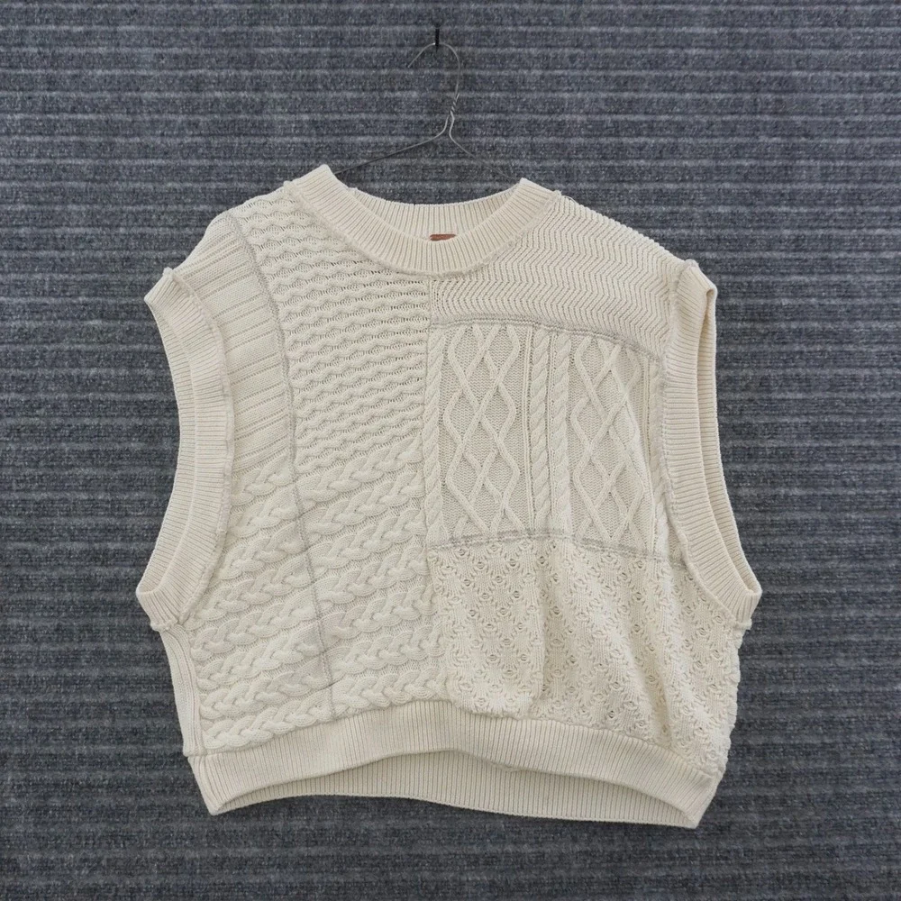 Free People Sweater Vest Womens Size M Ivory Patchwork Cable Knit Relaxed Fit